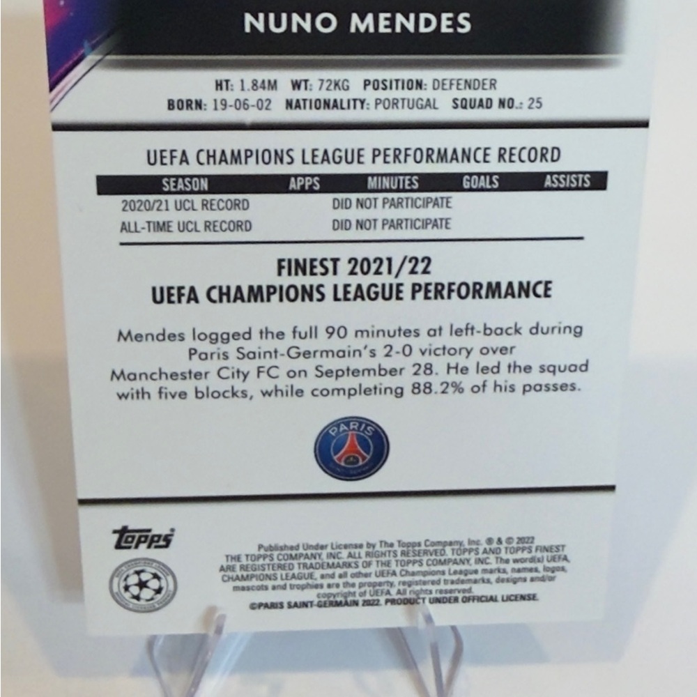 2022 Topps Finest # 23 Paris Saint-Germain Nuno Mendes Navy Soccer Card RC - Picture 2 of 2
